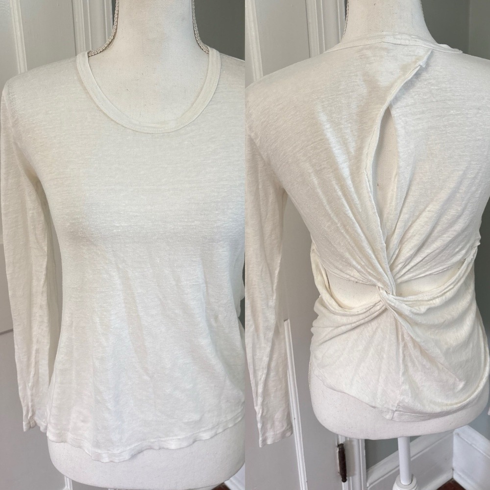 ALC Womens Scoop Neck Solid 100% Linen Cropped Wrap Shirt White Size XS